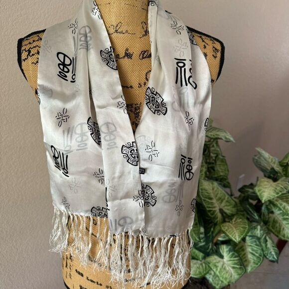 Accessories - Women’s Silk Scarf with Chinese Characters and Fringe - Elegant Design